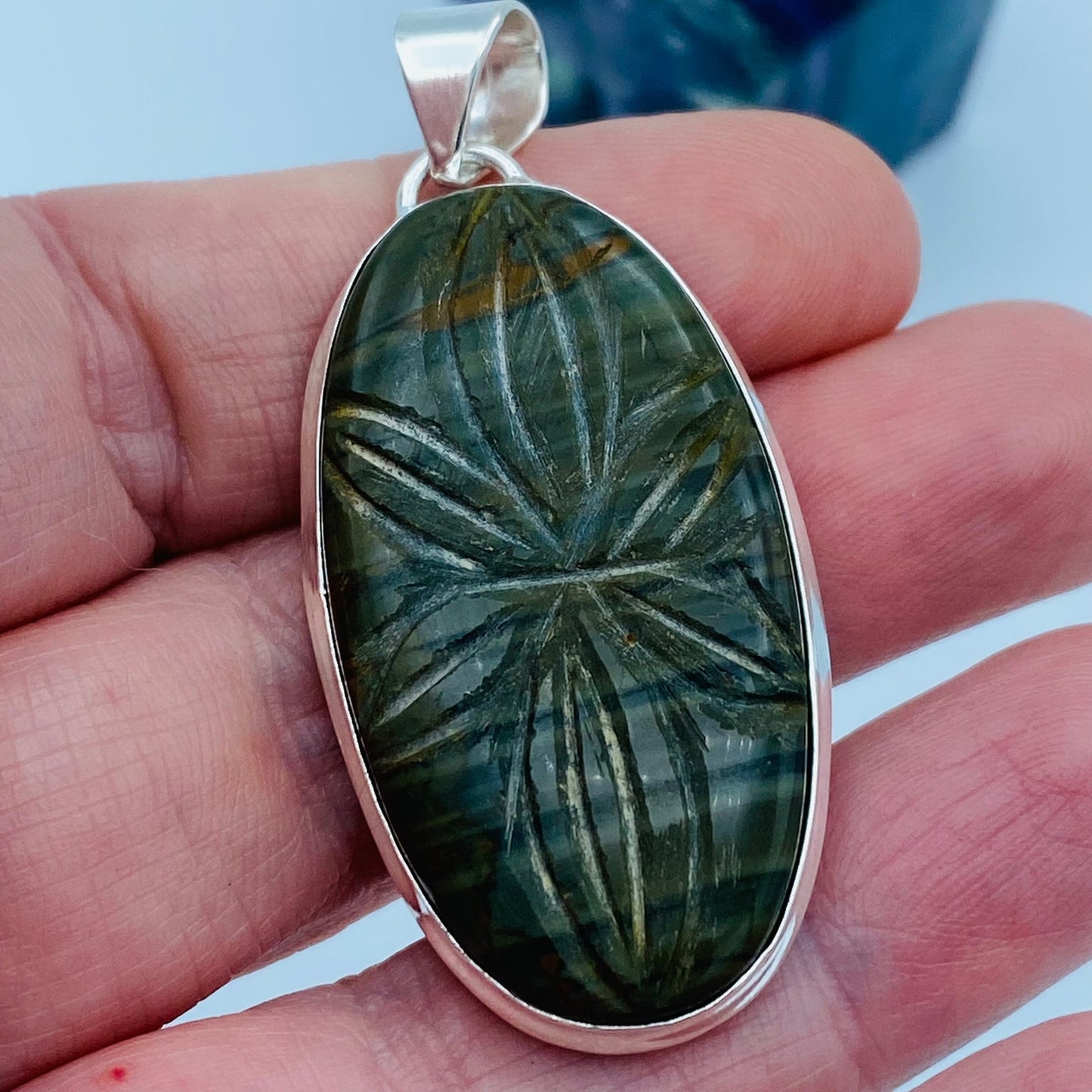 Imperial Jasper Hand Carved Gemstone Sterling Silver Pendant