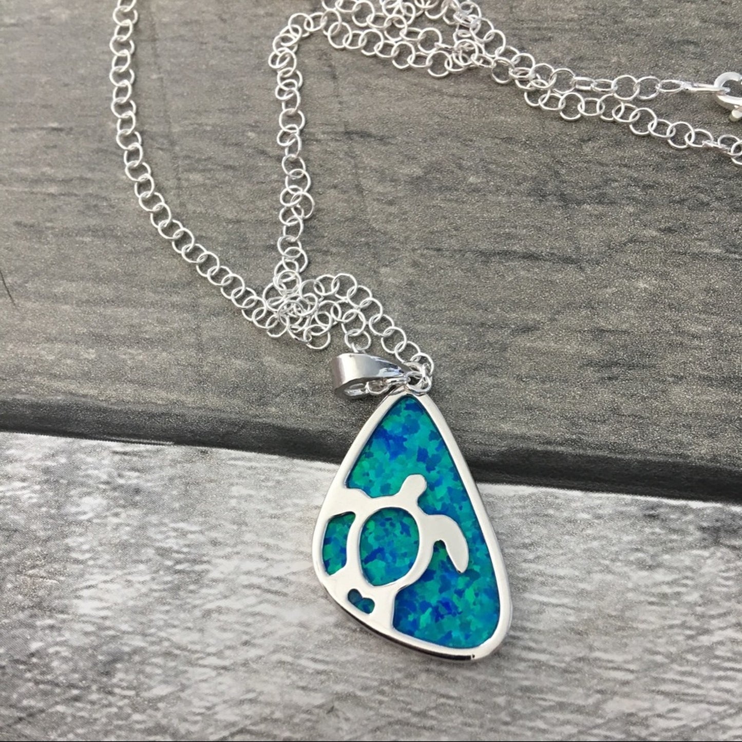 Sterling Silver Lab opal Turtle Necklace