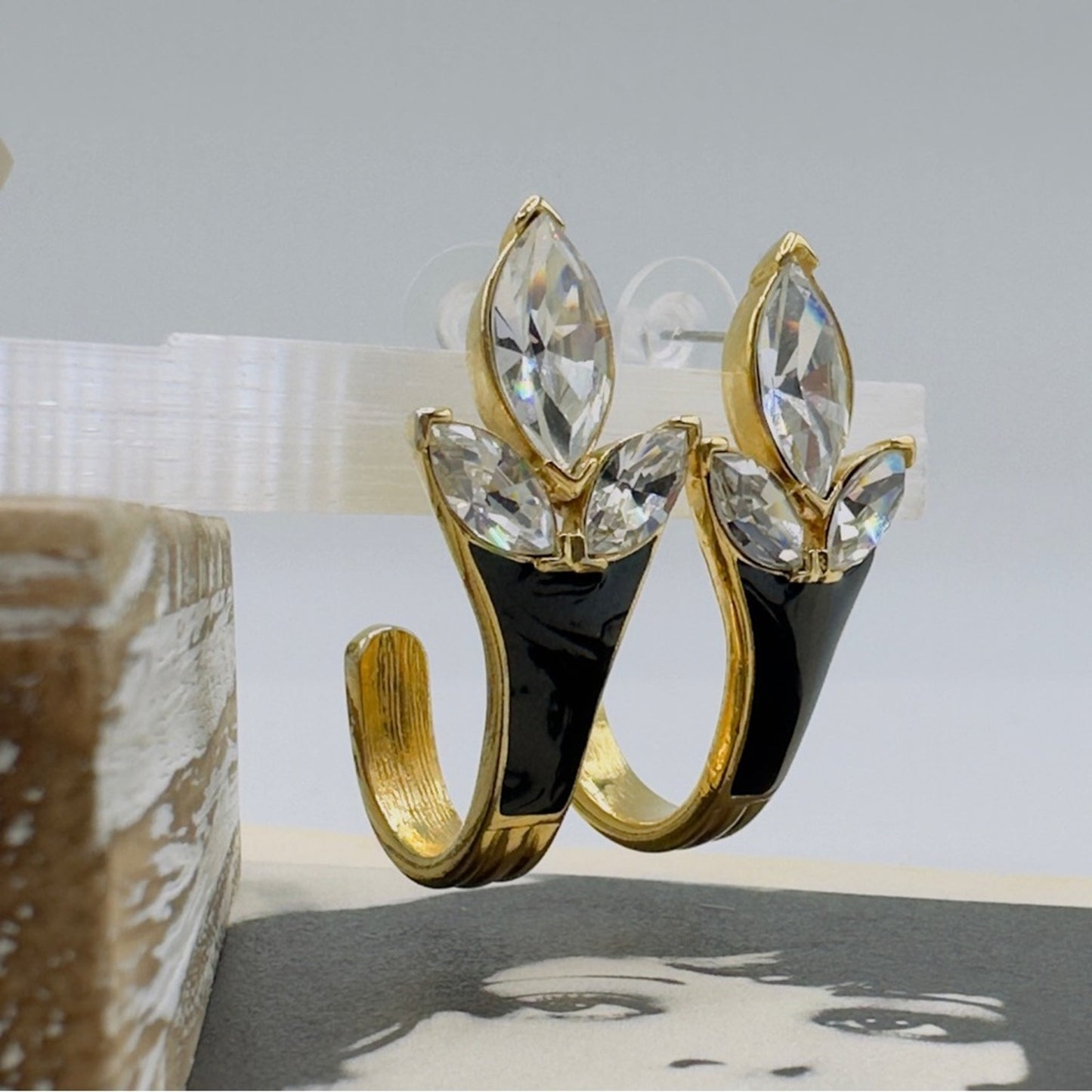 Vintage Trifari Runway Swarovski Gold Black Enamel Earrings