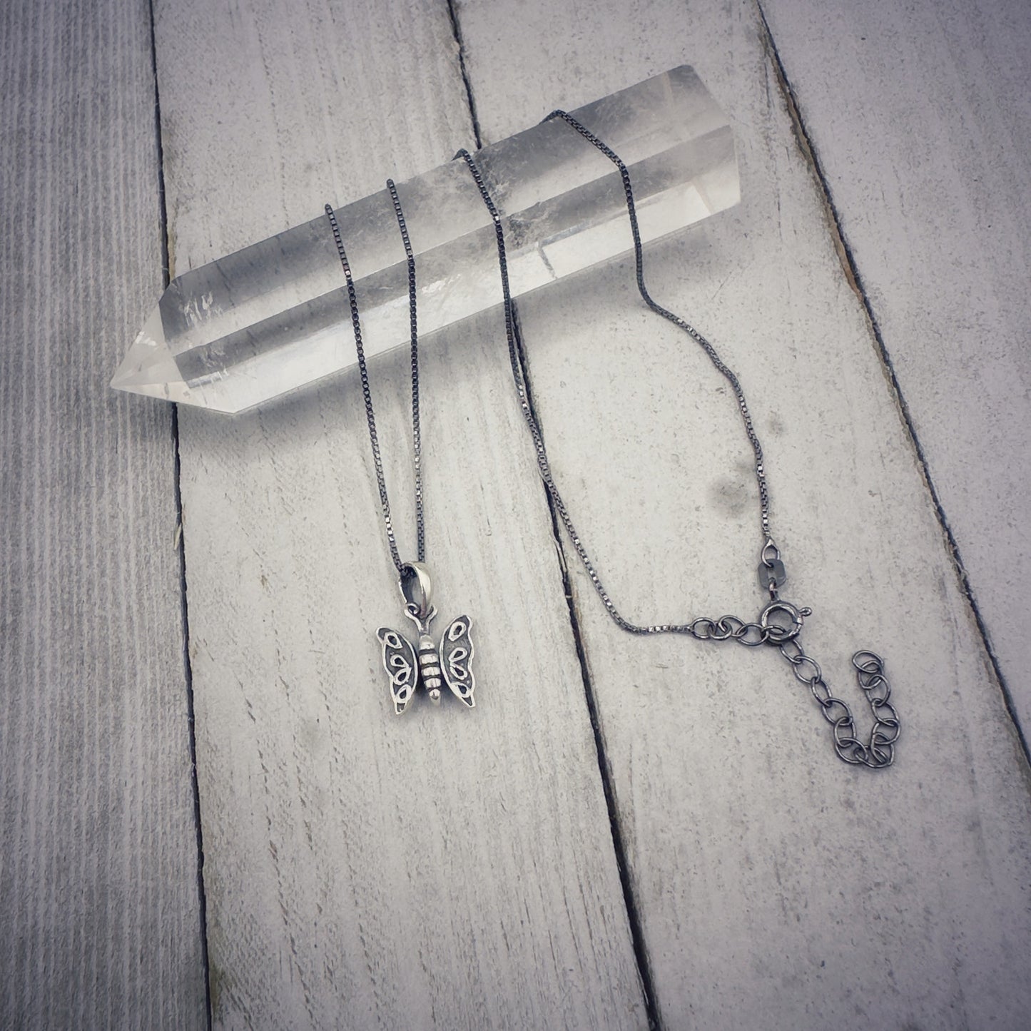 Sterling Silver Butterfly Necklace Black Rhodium Sterling Box Chain