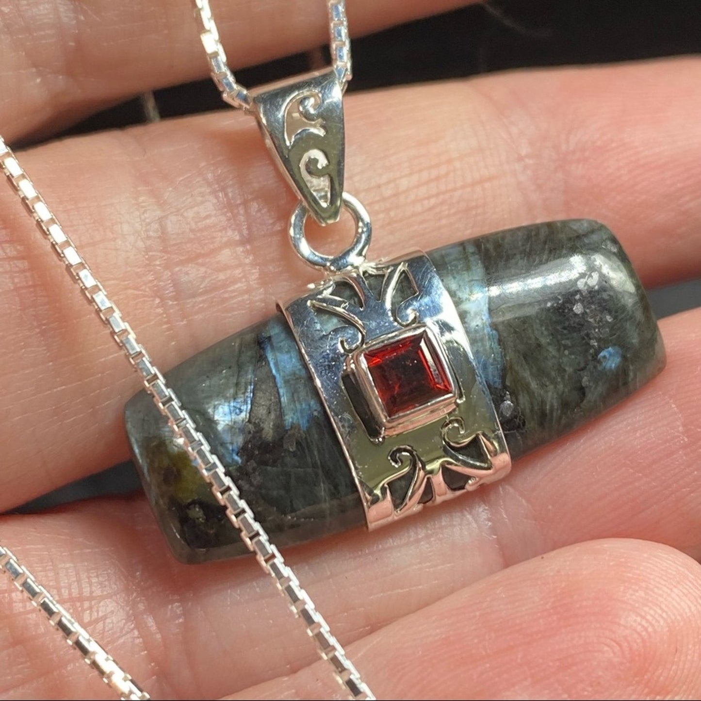 Larvikite Black Moonstone & Garnet Pendant Sterling Silver Necklace 18