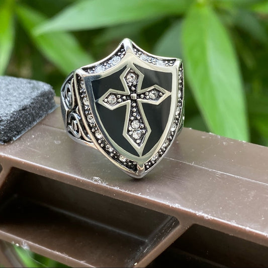 Mens Stainless Steel Shield & Cross Top Ring