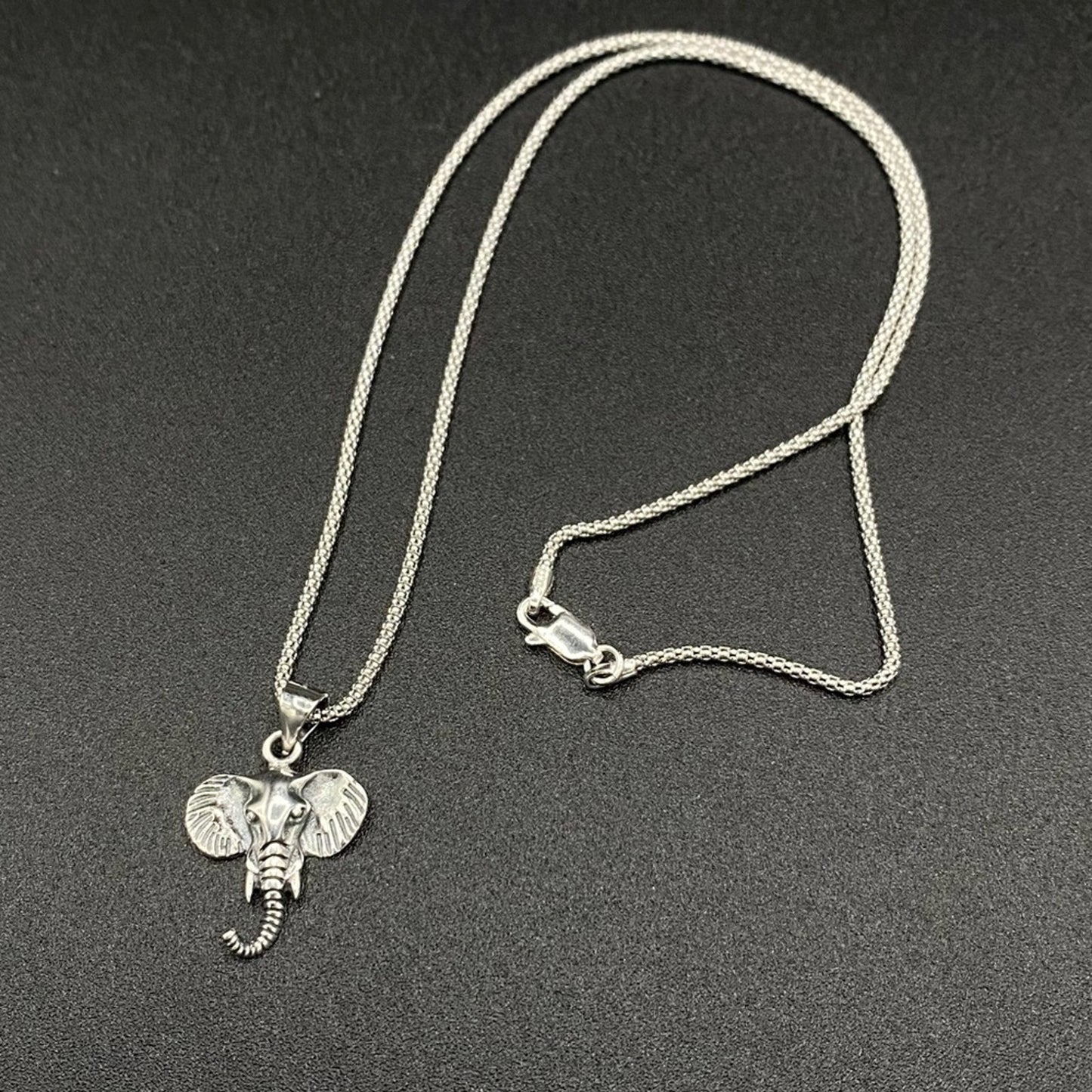 Solid Sterling Silver Elephant Head Pendant on Italian Popcorn Chain Necklace