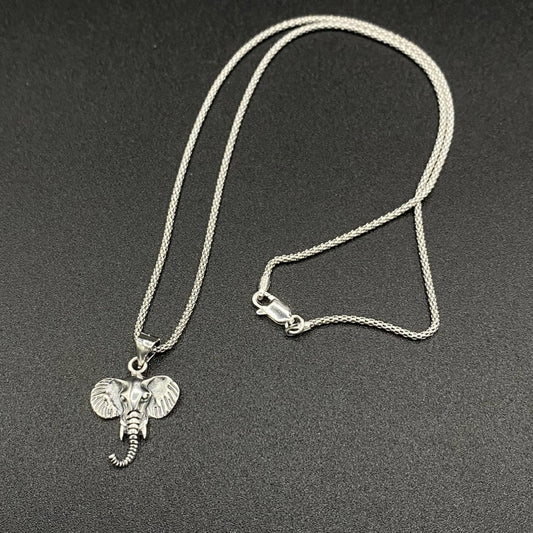 Solid Sterling Silver Elephant Head Pendant on Italian Popcorn Chain Necklace