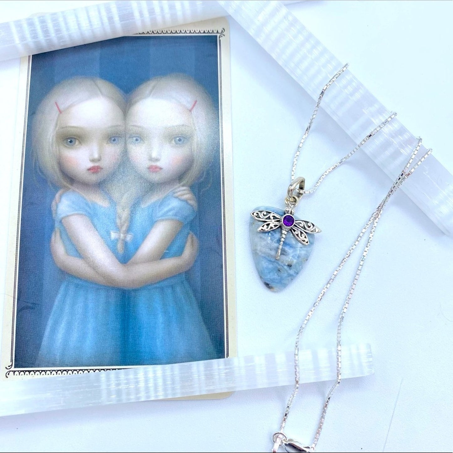 Dragonfly Blue Scheelite & Amethyst Solid Sterling Silver Necklace