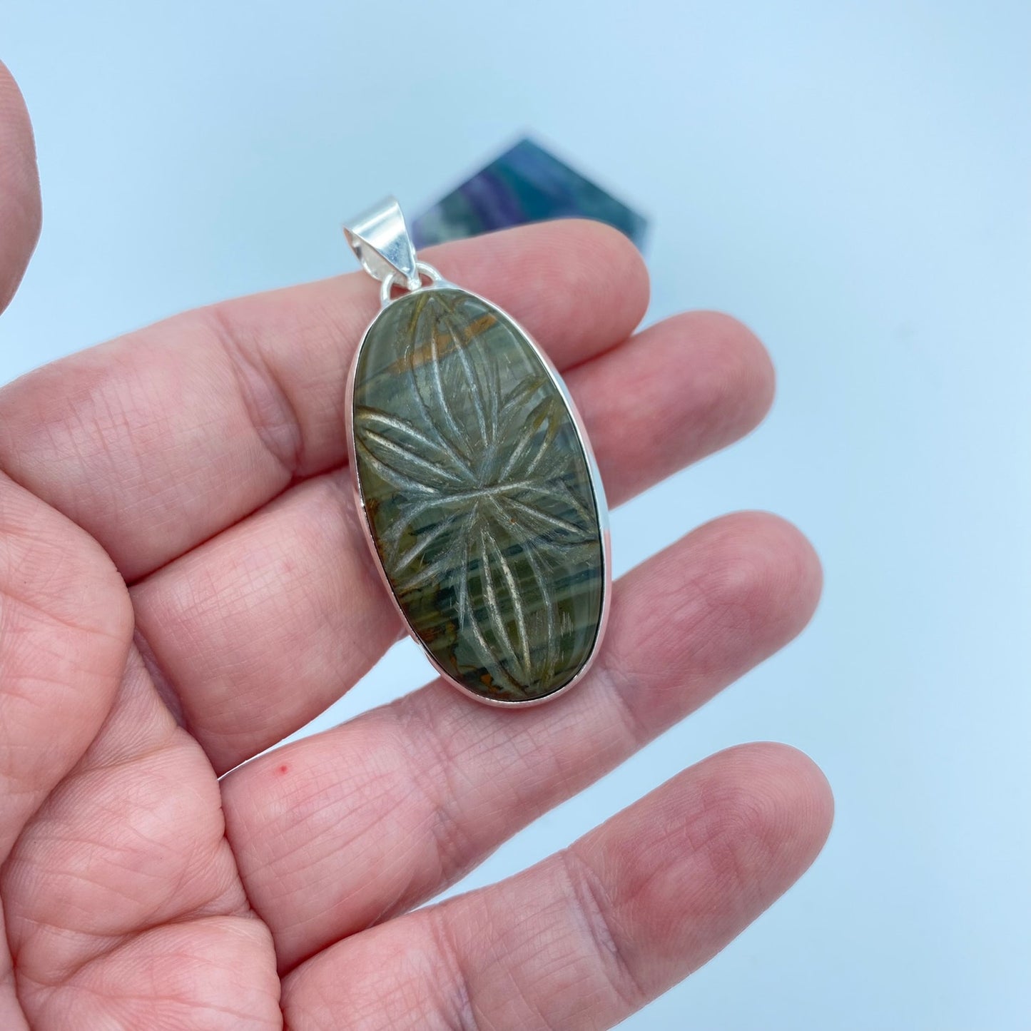 Imperial Jasper Hand Carved Gemstone Sterling Silver Pendant