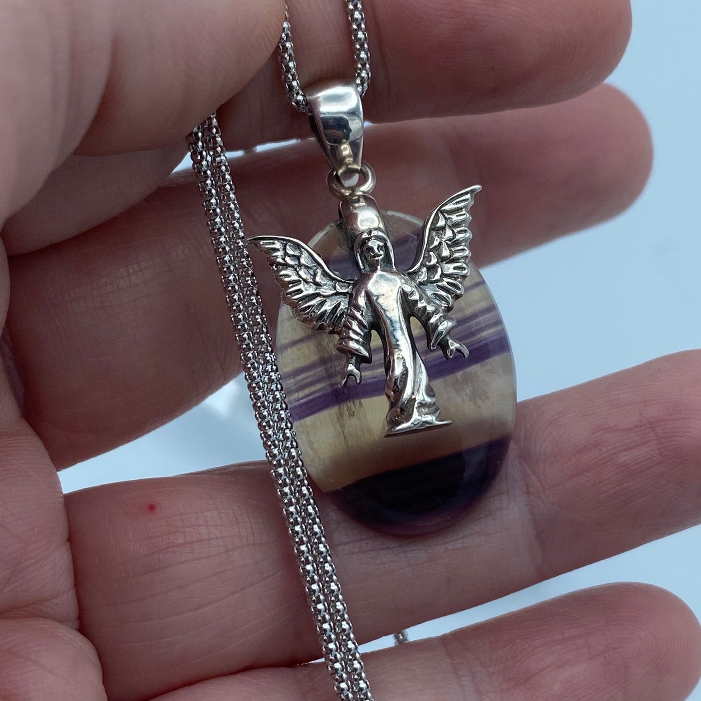 Angel & Rainbow Fluorite Sterling Silver Necklace Popcorn Chain