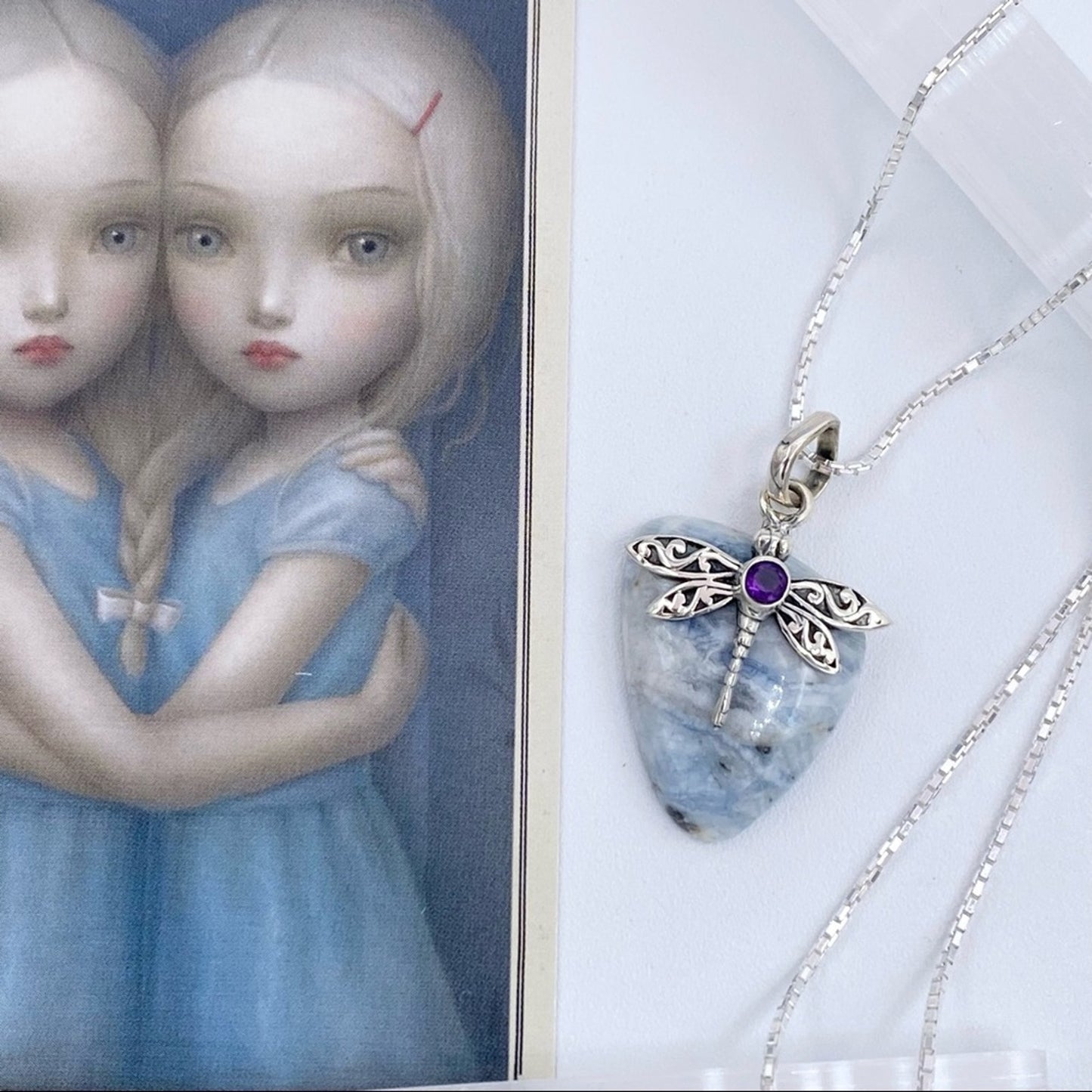 Dragonfly Blue Scheelite & Amethyst Solid Sterling Silver Necklace