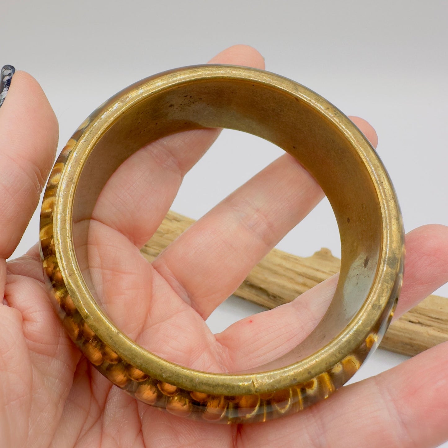 Vintage Lucite Resin Gold Ball & Brass Bangle Bracelet