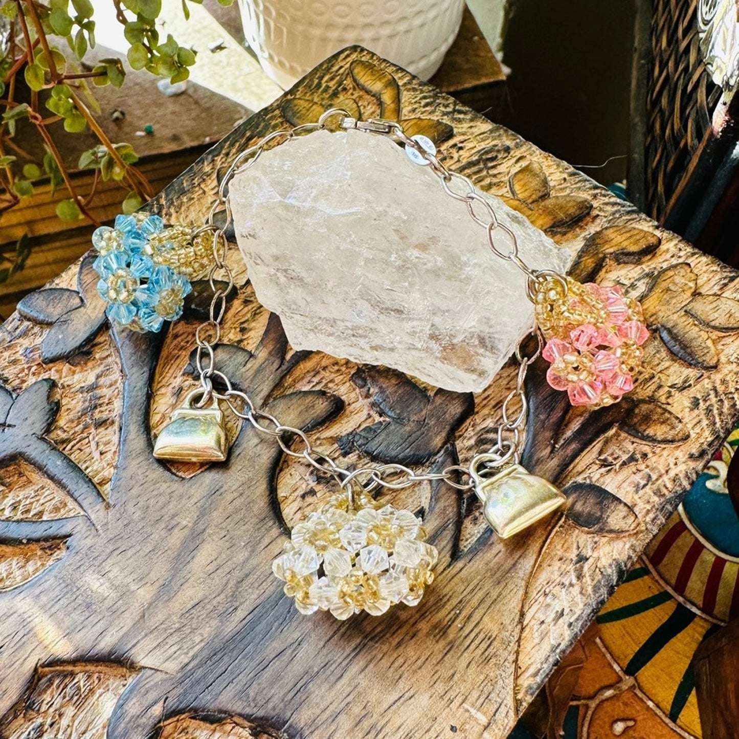 Vintage Sterling Silver Crystal Bag Charm Bracelet with Mini Purses