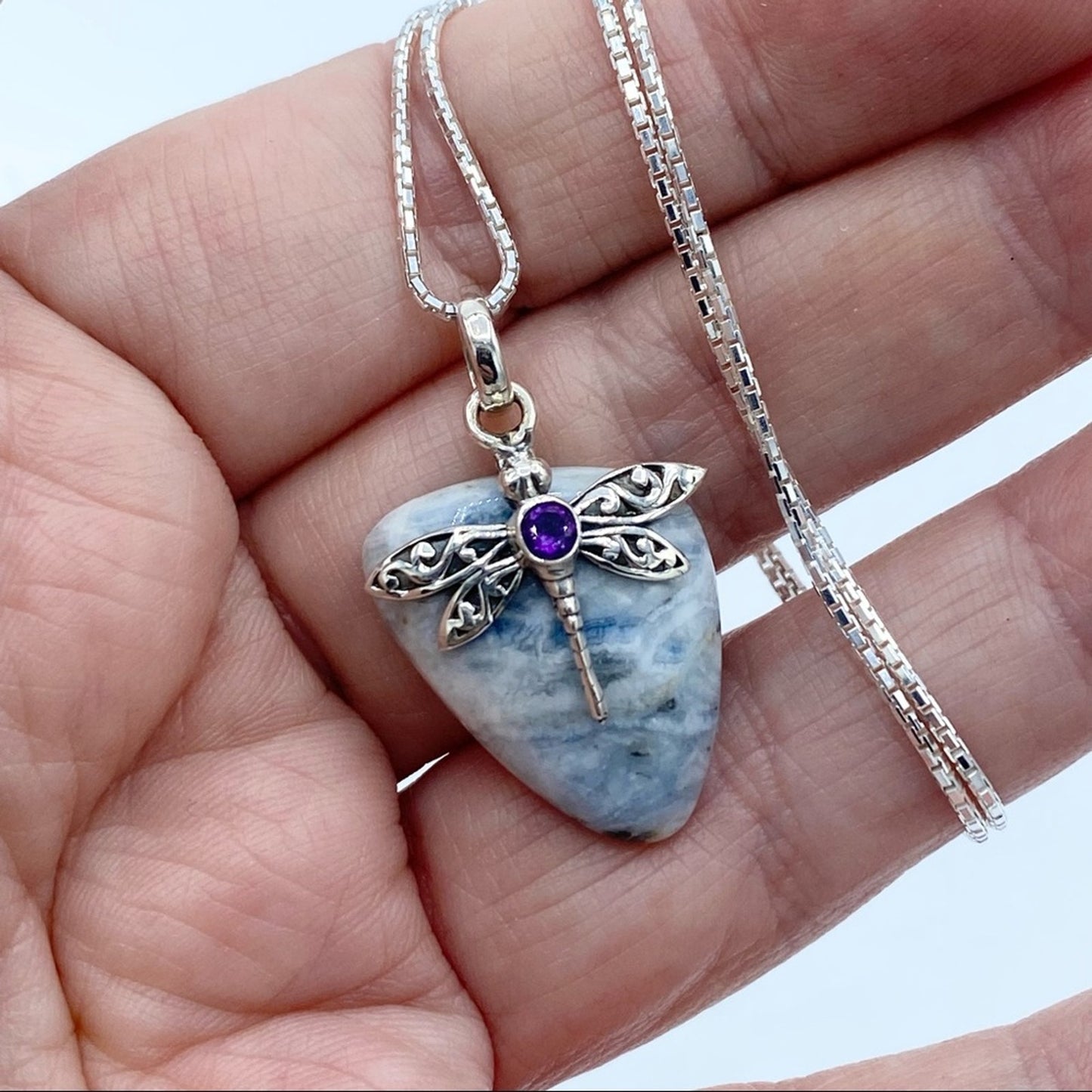 Dragonfly Blue Scheelite & Amethyst Solid Sterling Silver Necklace
