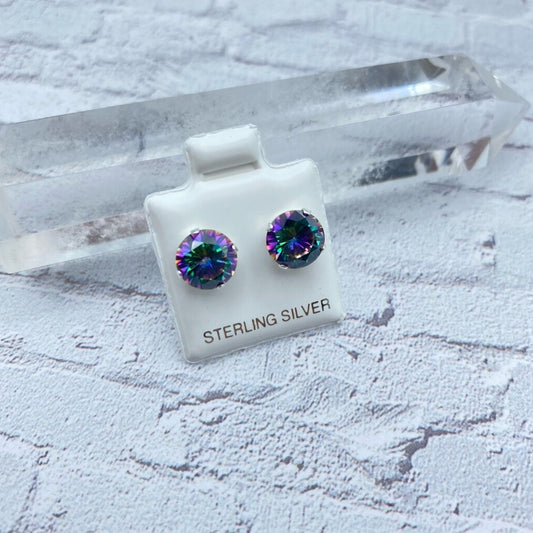 Rainbow Topaz CZ 8mm Sterling Silver Stud Earrings