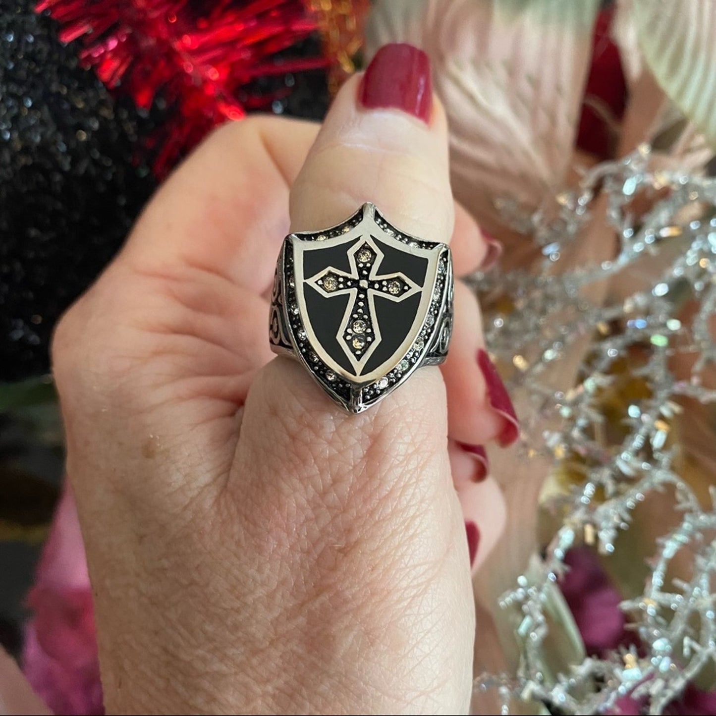 Mens Stainless Steel Shield & Cross Top Ring