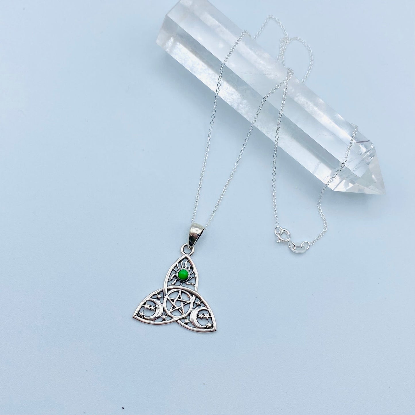 Green Mohave Turquoise Celtic  Sun Moon & Star Sterling Silver Necklace