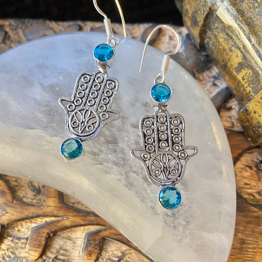 Hamsa Swiss Blue Topaz Sterling Silver Earrings