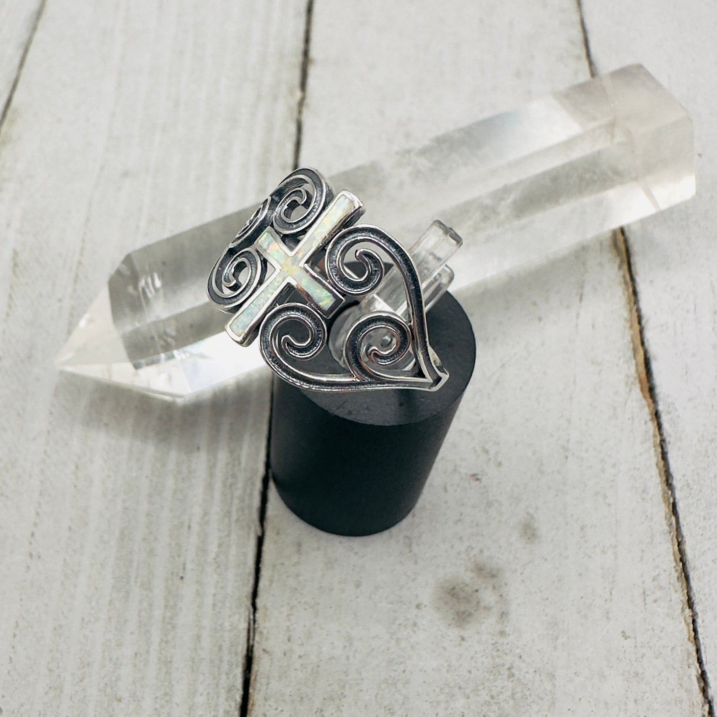 Lab Opal Cross Sterling Silver Ring