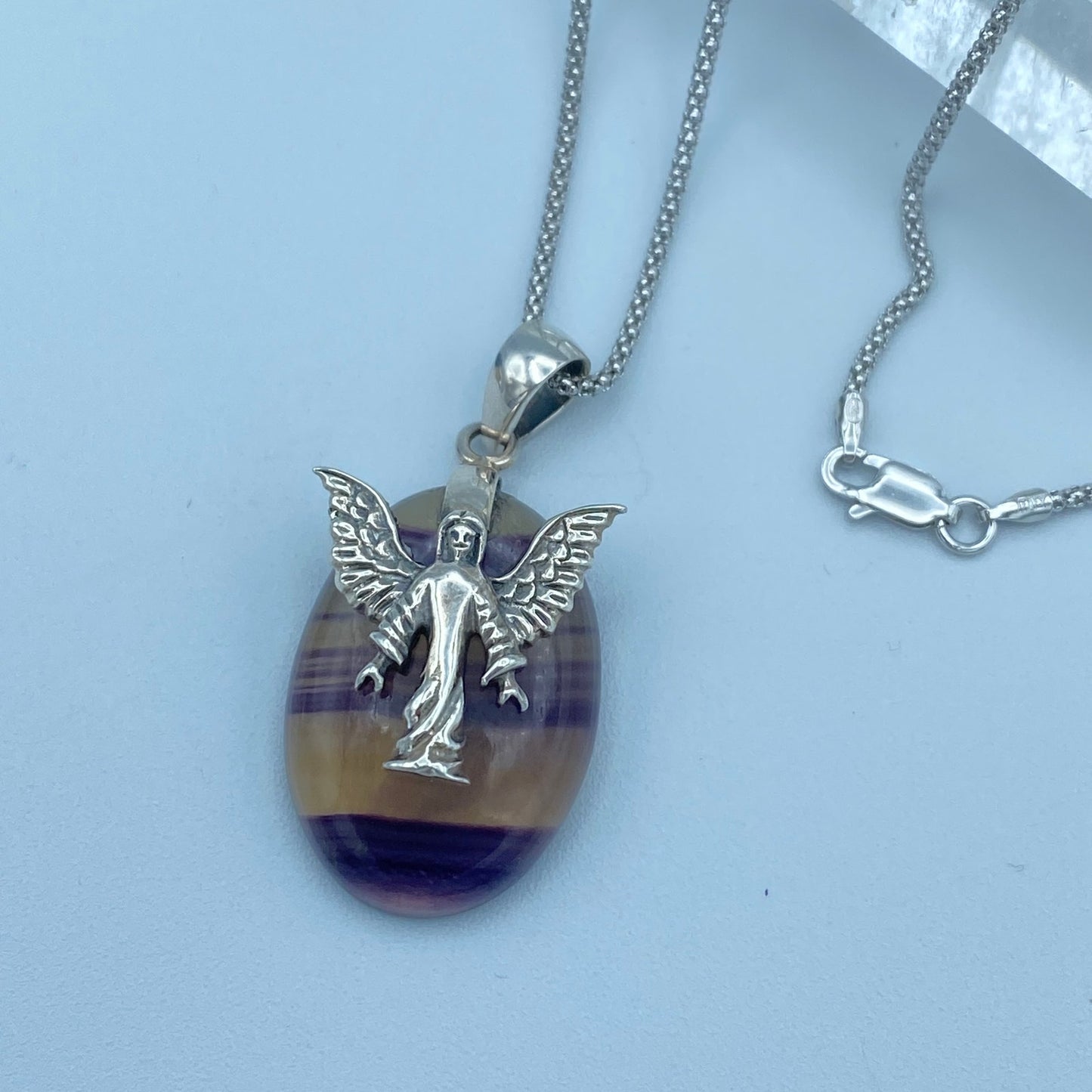 Angel & Rainbow Fluorite Sterling Silver Necklace Popcorn Chain