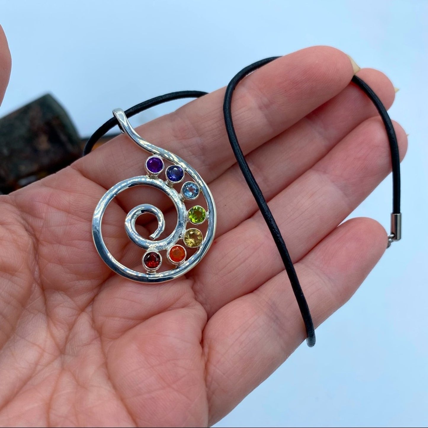 Sterling Silver Spiral Rainbow Gemstone Chakra Pendant Necklace