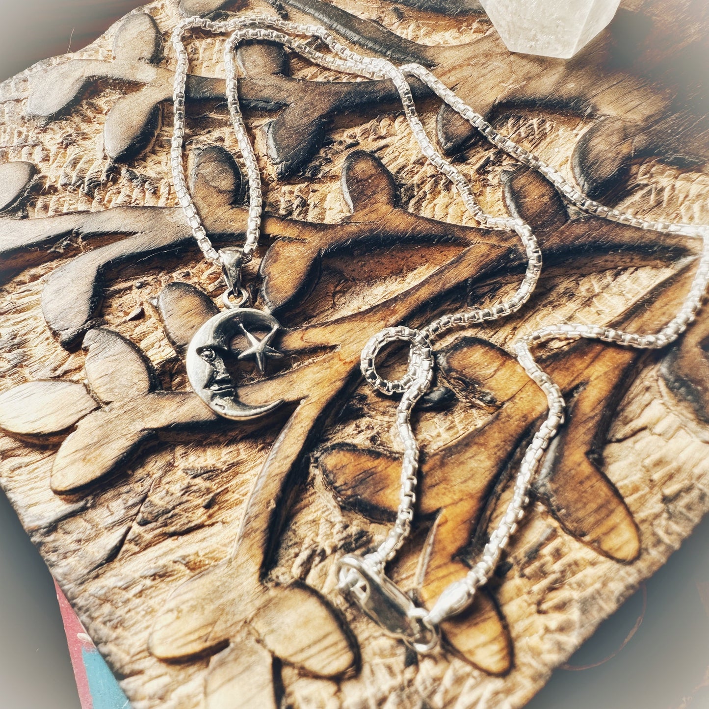 Moon & Star Rounded Box Chain Sterling Silver Necklace