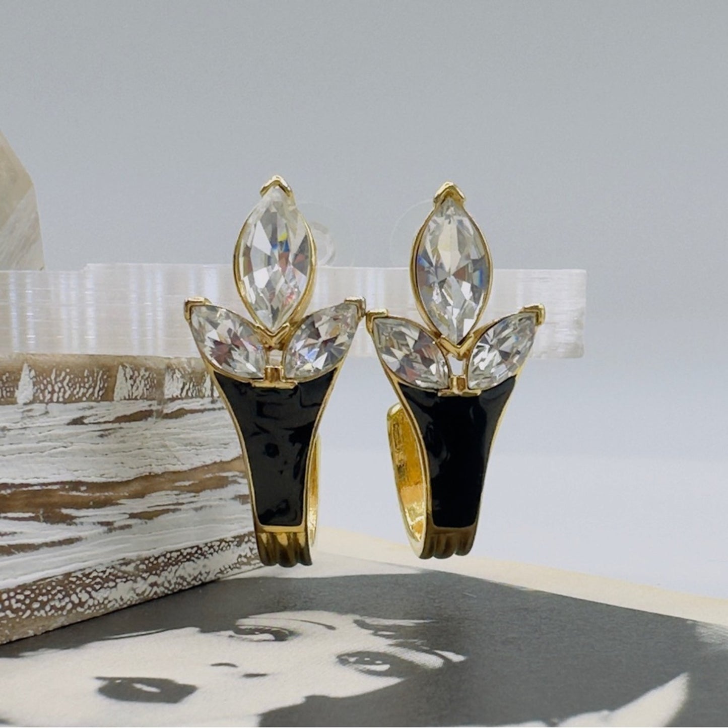 Vintage Trifari Runway Swarovski Gold Black Enamel Earrings