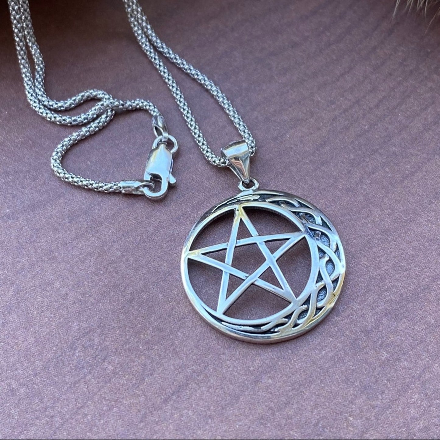 Celtic Crescent Moon And Star Sterling Silver Necklace Popcorn Chain