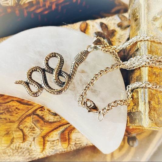 Snake Stainless Steel Wheat Chain Necklace, Unisex Snake Jewelry