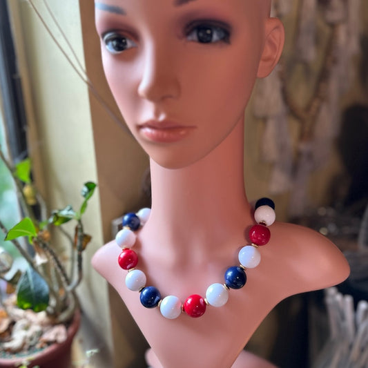 Vintage Signed Napier Rare Red White Blue Ball Necklace