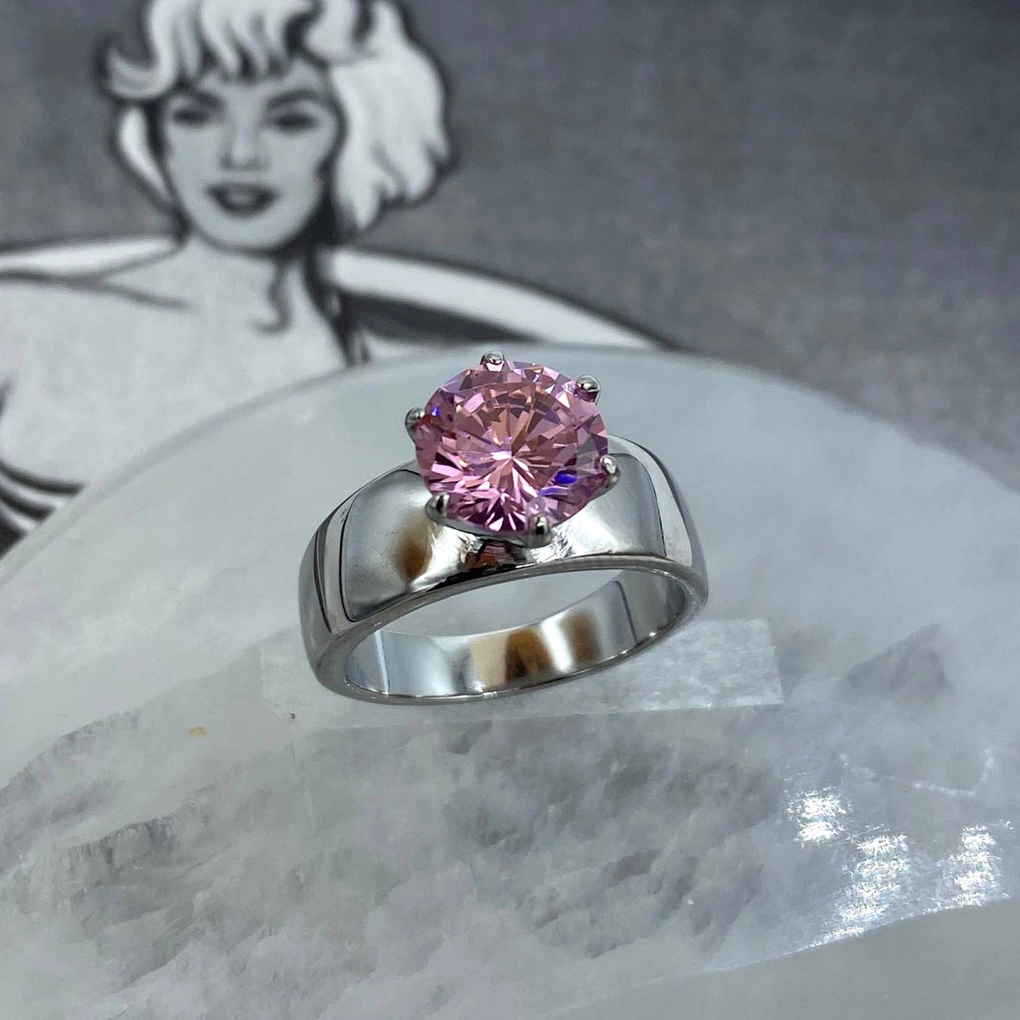 Pink CZ Solitaire Stainless Steel Ring