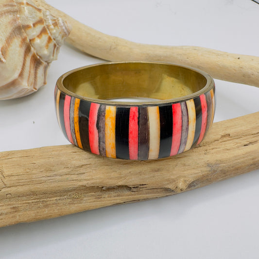 Vintage Multicolored Inlaid Striped Dyed Bone & Brass Bangle Bracelet