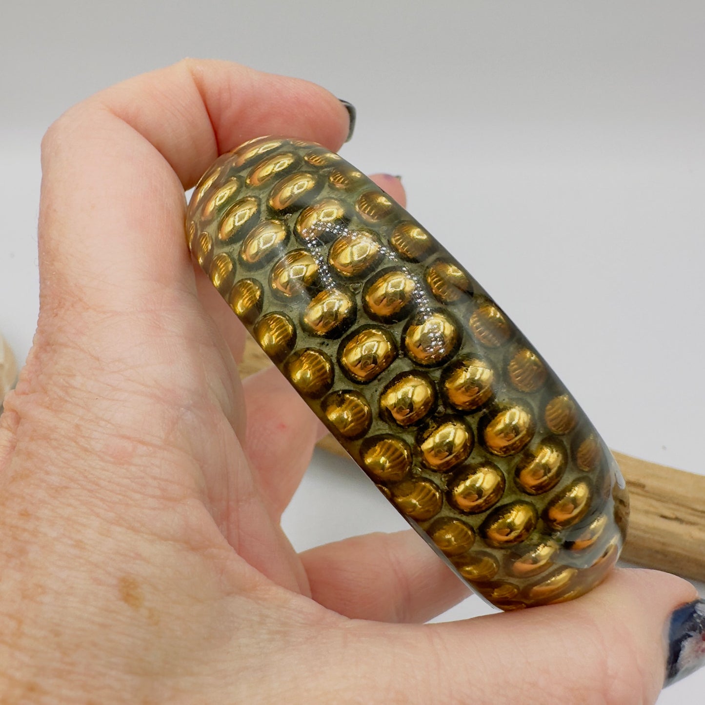 Vintage Lucite Resin Gold Ball & Brass Bangle Bracelet