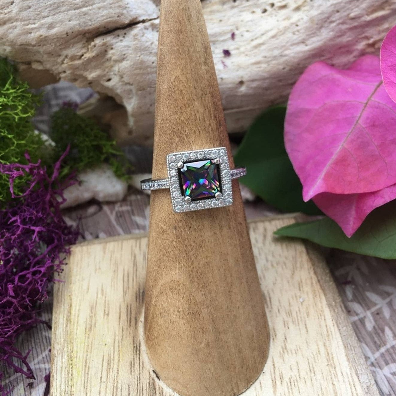 Rainbow Topaz Sterling Silver Square Ring