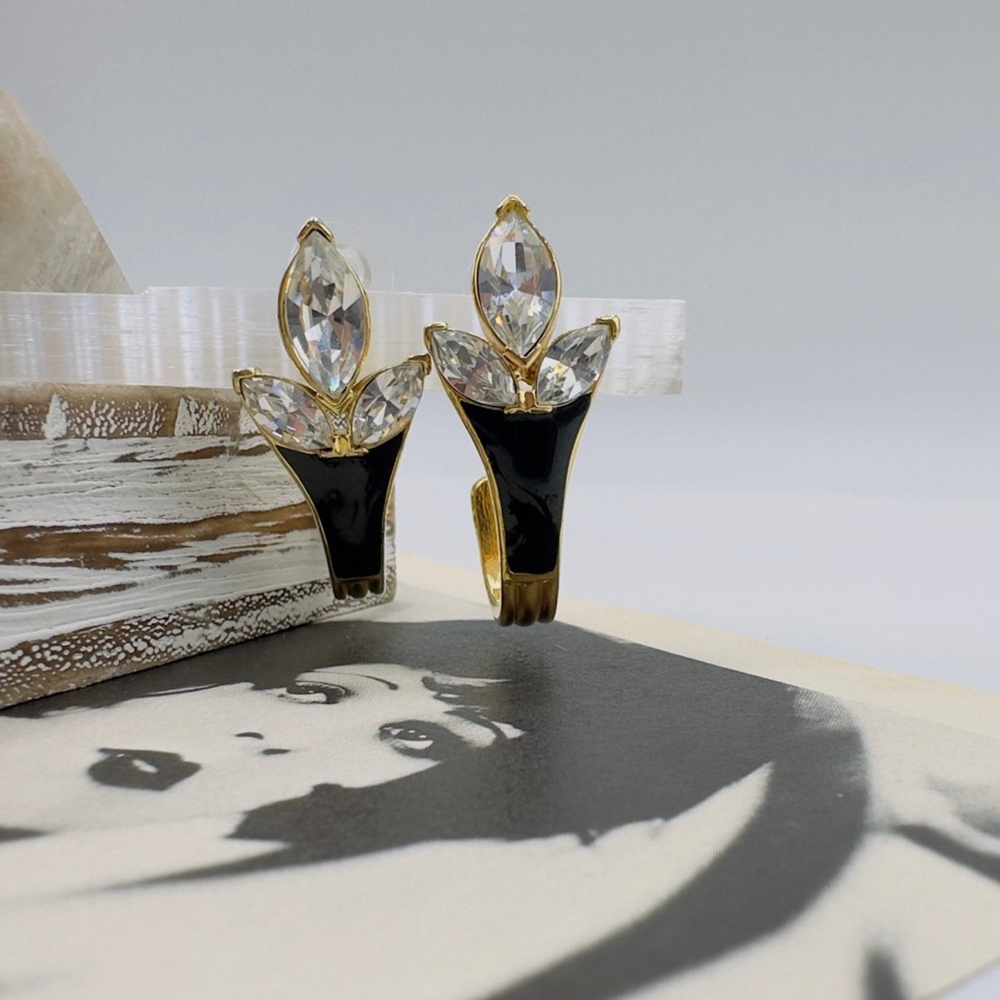 Vintage Trifari Runway Swarovski Gold Black Enamel Earrings