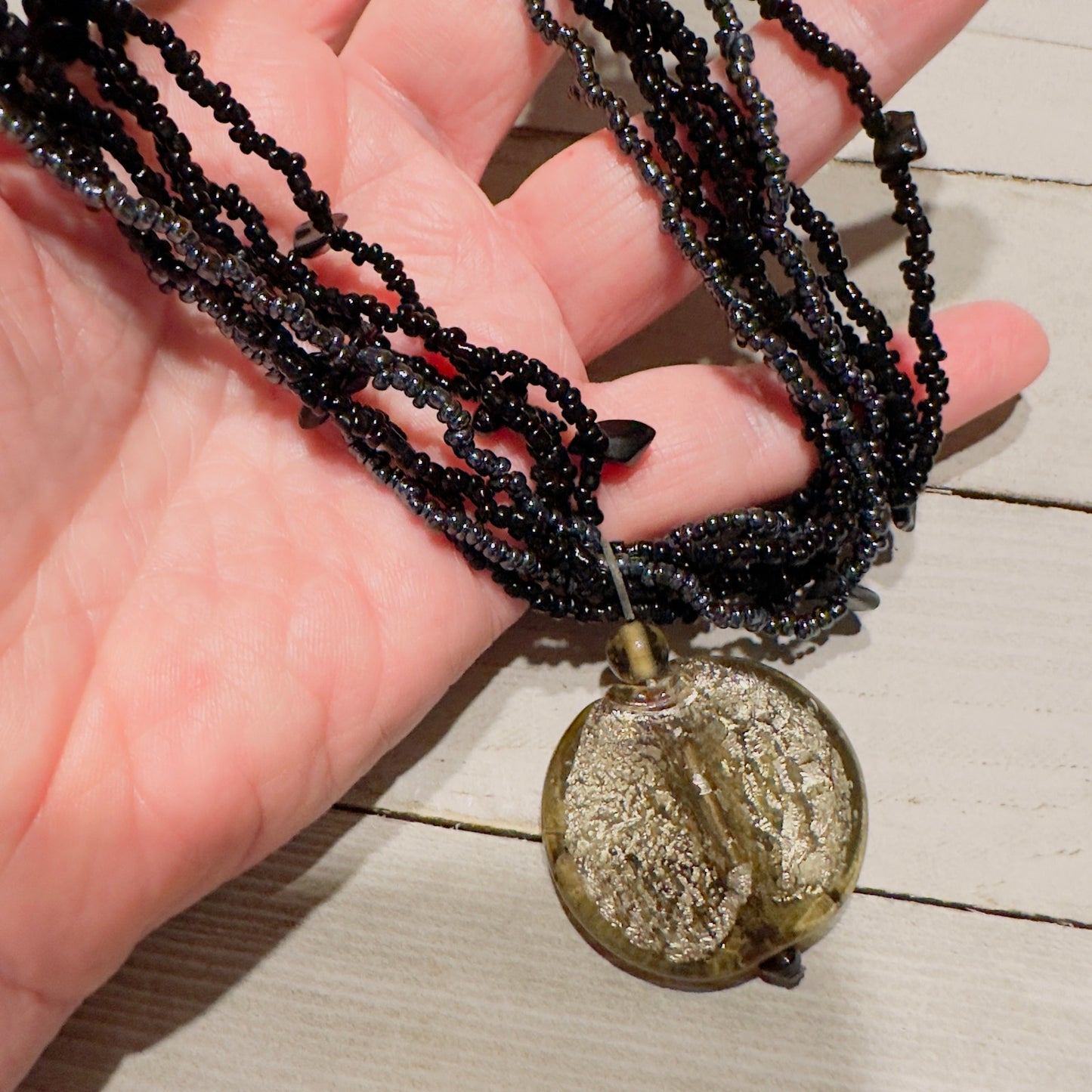 Vintage Black Multi-Strand Seed Bead Necklace with Crackle Glass Disc Pendant