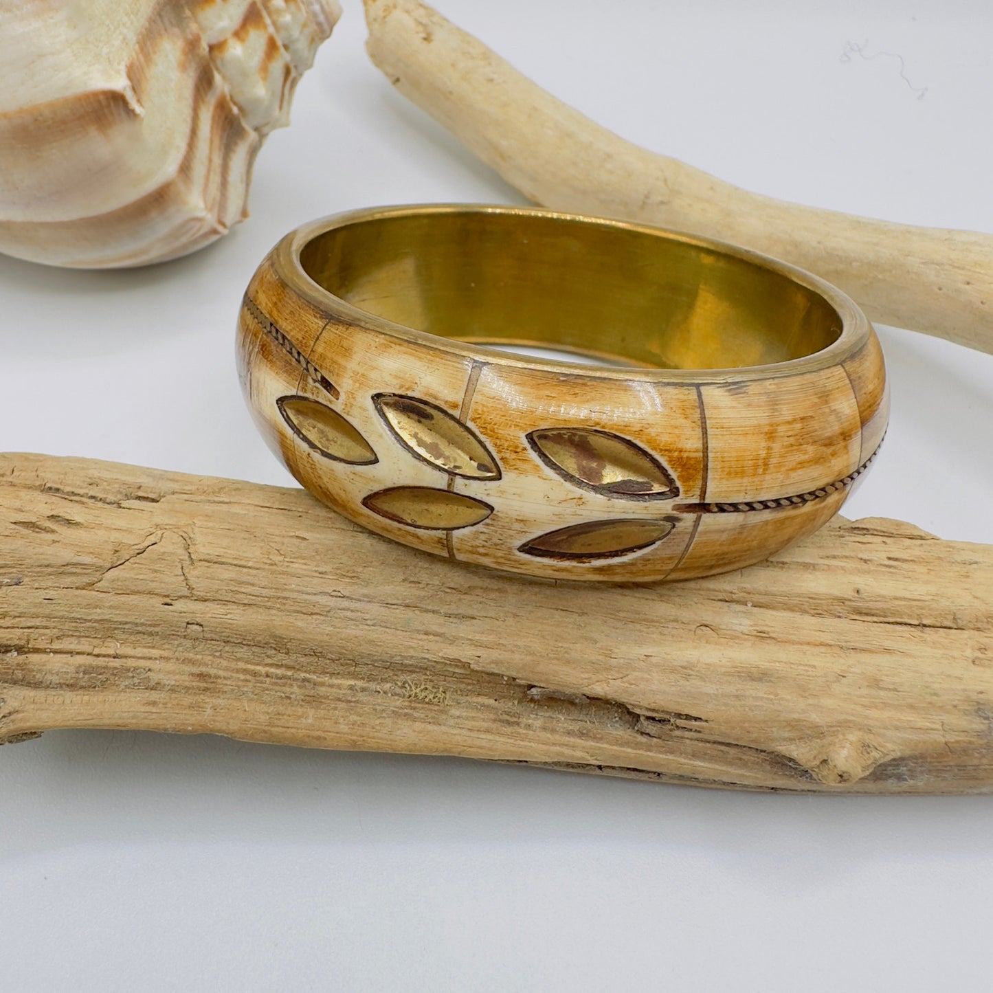 Vintage Brass & Bone Bangle Bracelet
