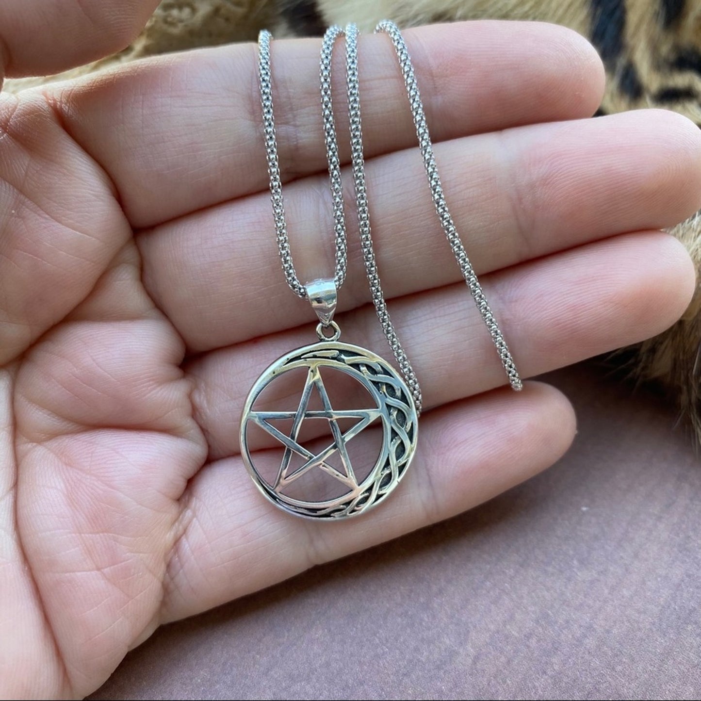 Celtic Crescent Moon And Star Sterling Silver Necklace Popcorn Chain