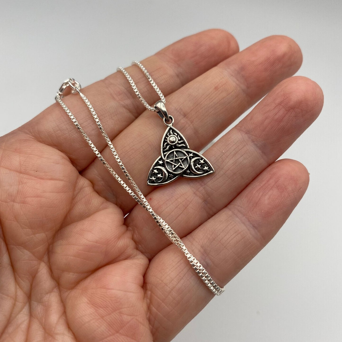 Sterling Silver Celtic Pentagram, Sun, Moon, And Stars Necklace