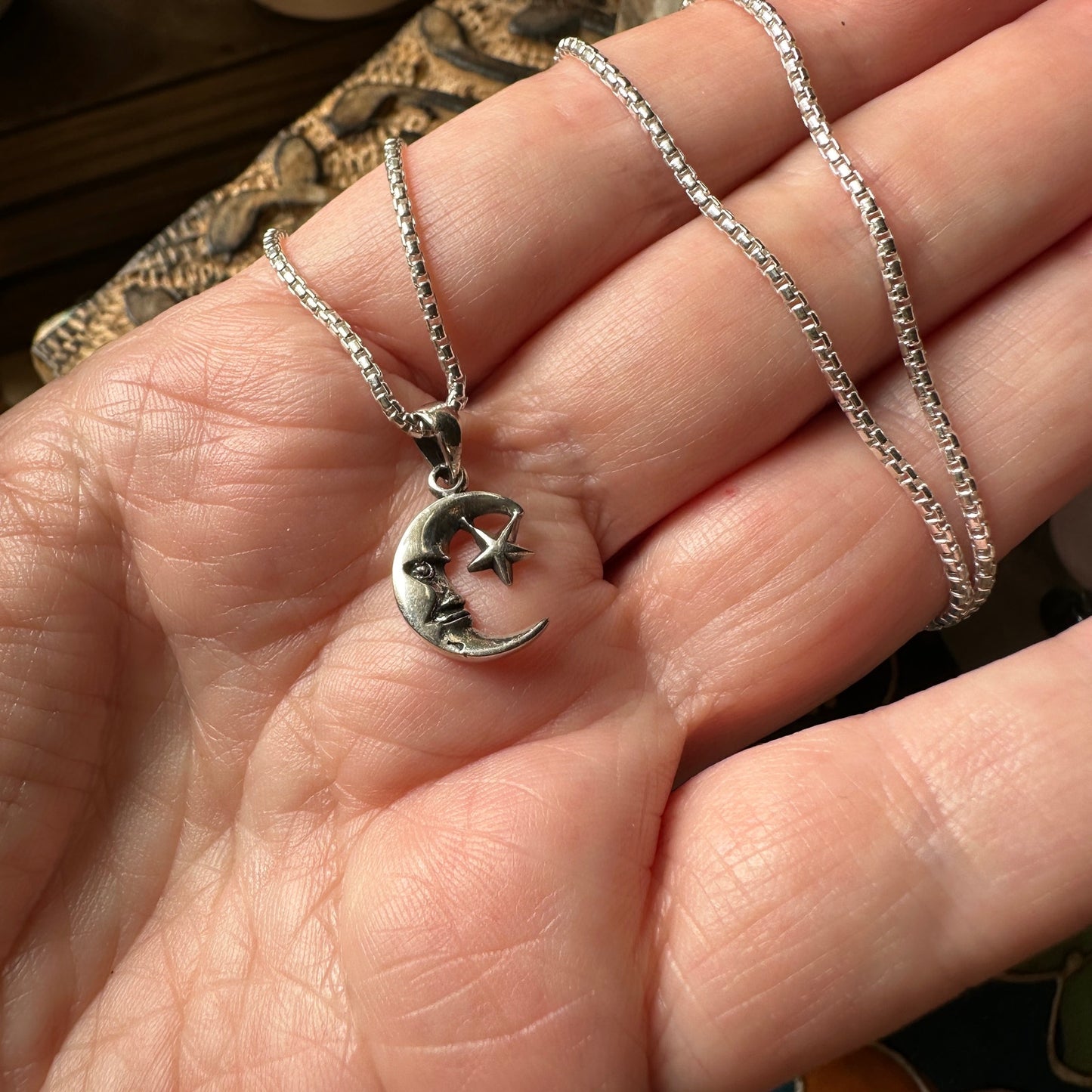 Moon & Star Rounded Box Chain Sterling Silver Necklace