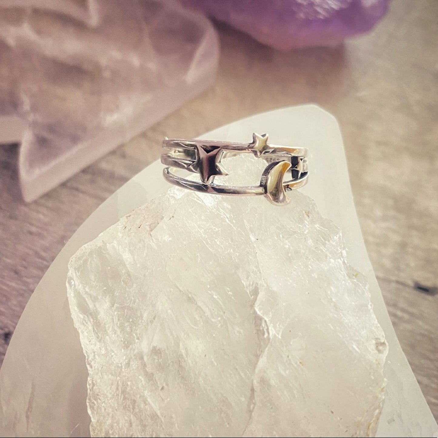 Moon And Star Open Adjustable Sterling Sliver Ring