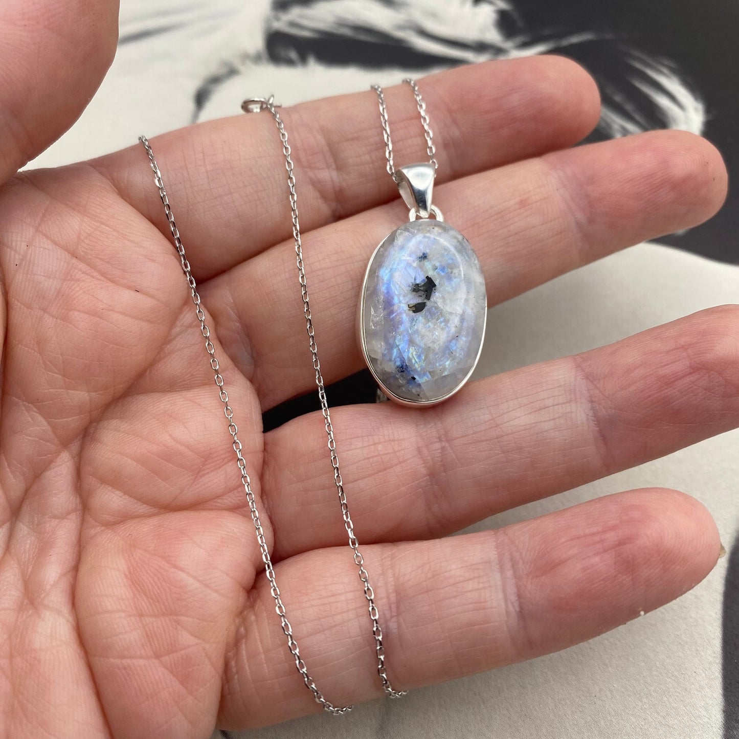 Natural Rainbow Moonstone And Quartz Sterling Silver Necklace