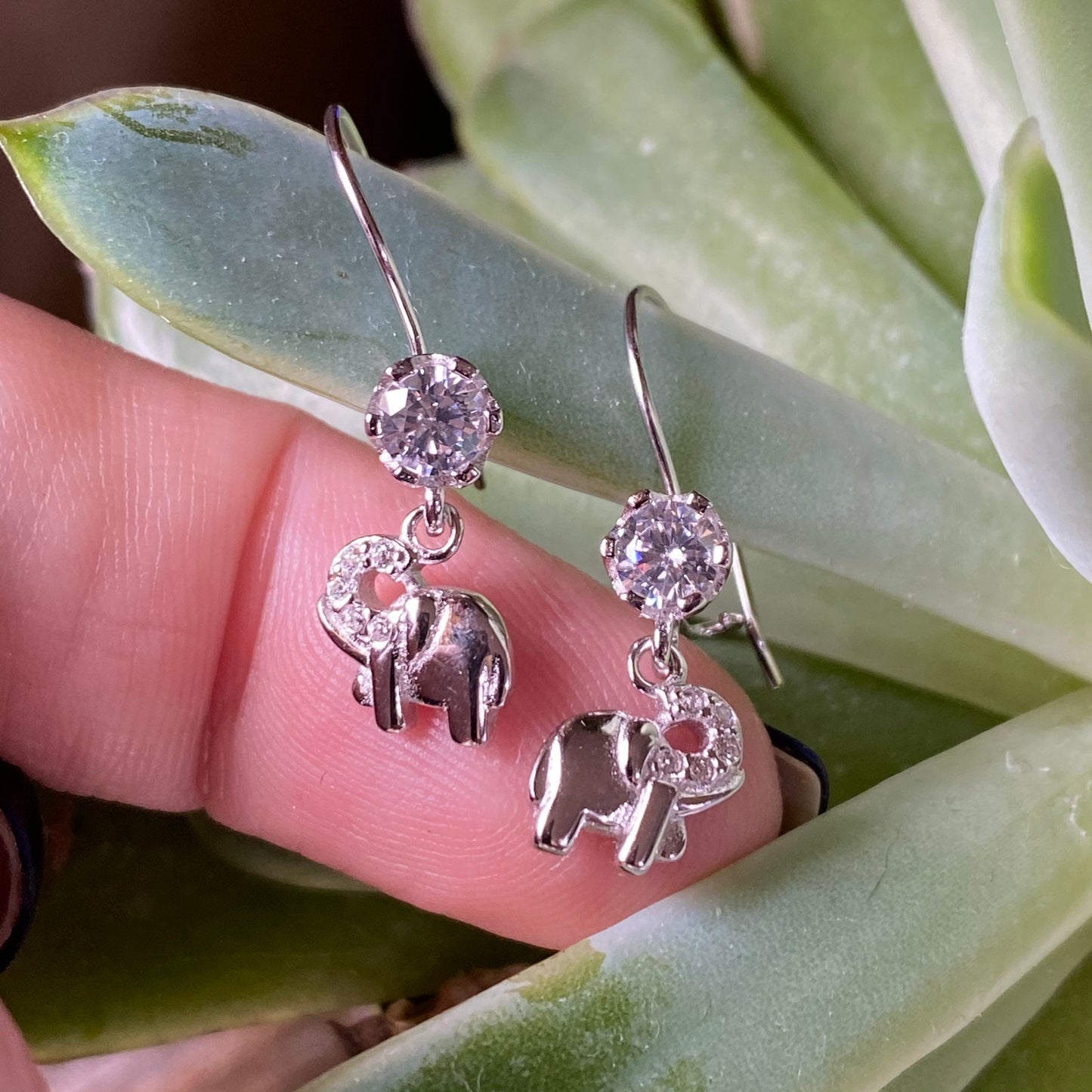 Cubic Zirconia Elephant Solid Sterling Silver Drop Earrings