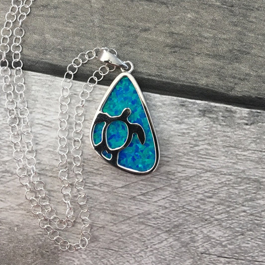 Sterling Silver Lab opal Turtle Necklace