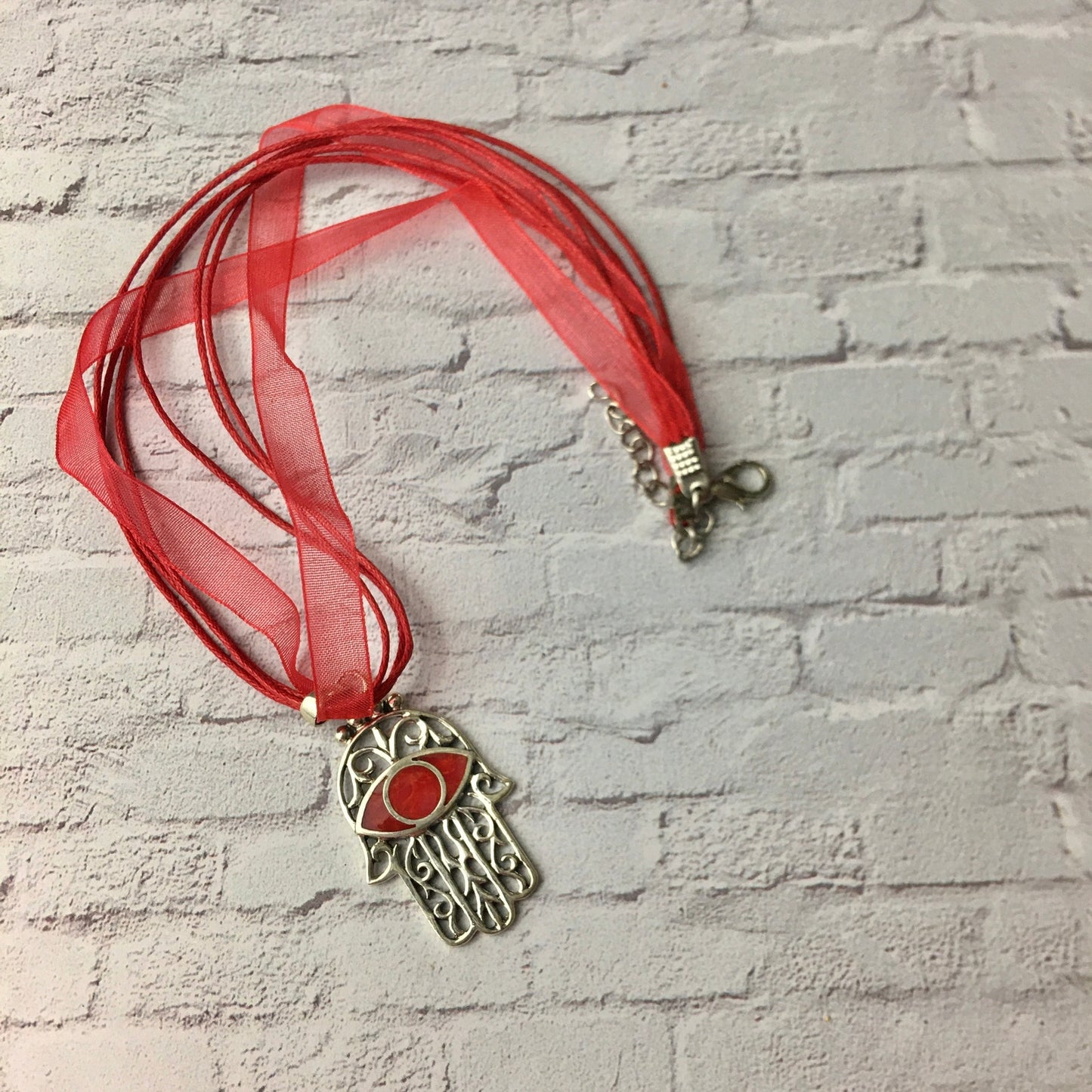 Hamsa Red Coral Sterling Silver Pendant Necklace