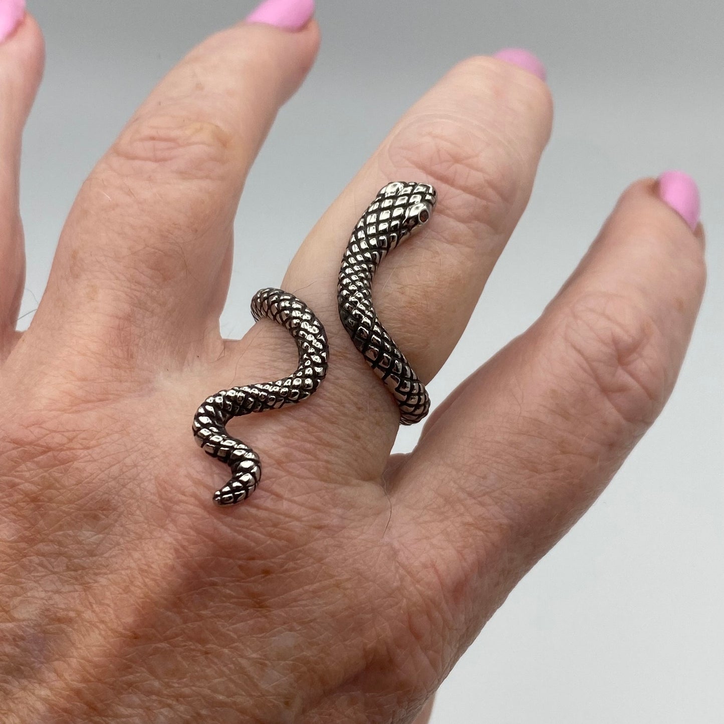 Stainless Steel Slithering Snake Ring- Red CZ Eyes