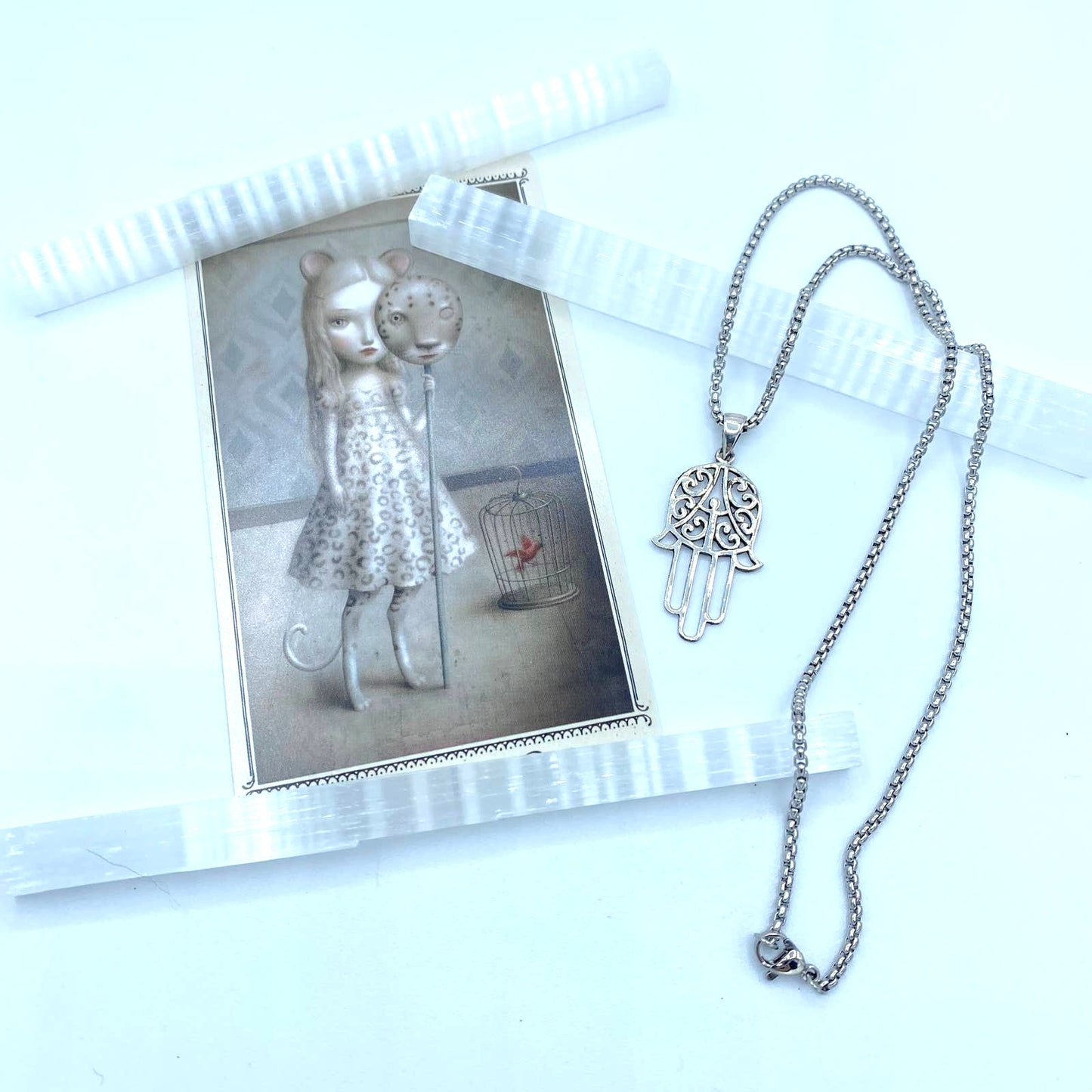 Hamsa Sterling Silver Pendant On Stainless Steel Rounded Box Chain