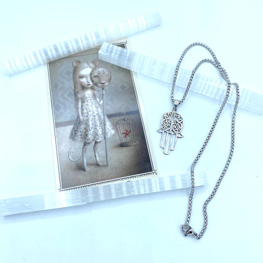 Hamsa Sterling Silver Pendant On Stainless Steel Rounded Box Chain