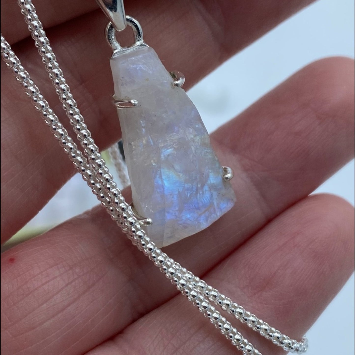 Rainbow Moonstone Rough Solid Sterling Silver Pendant Popcorn Chain 20"