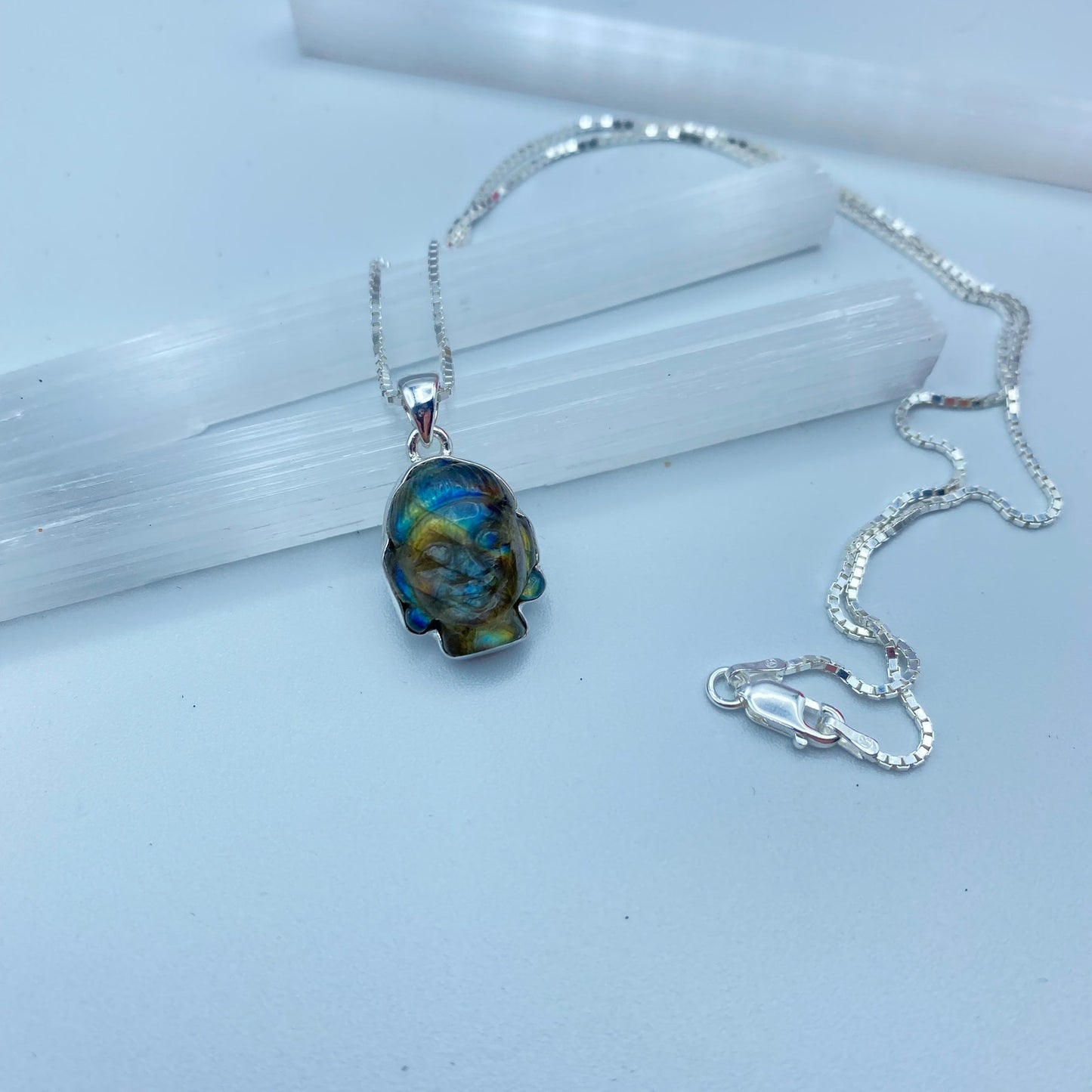 Buddha Carved Labradorite Solid Sterling Silver Necklace