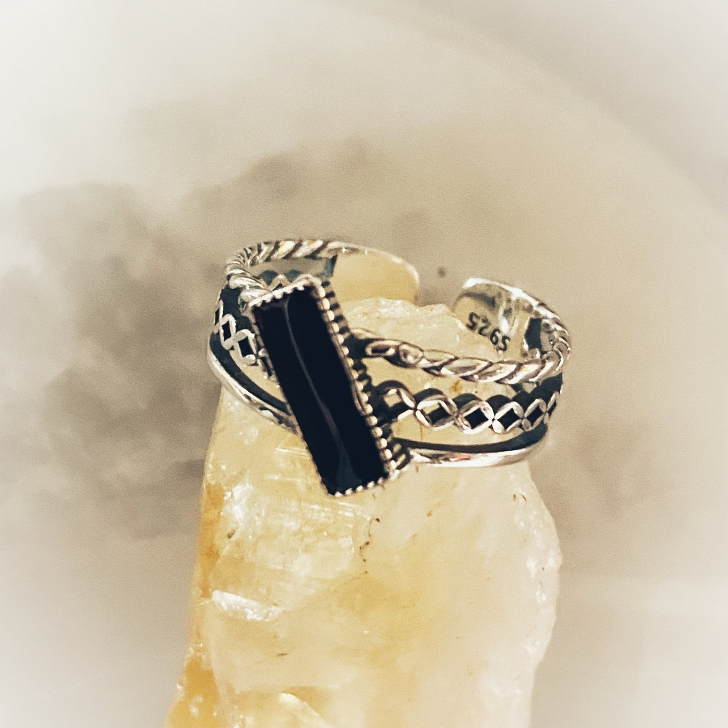 925 Sterling Silver black Rectangle Vintage Ring-Adjustable