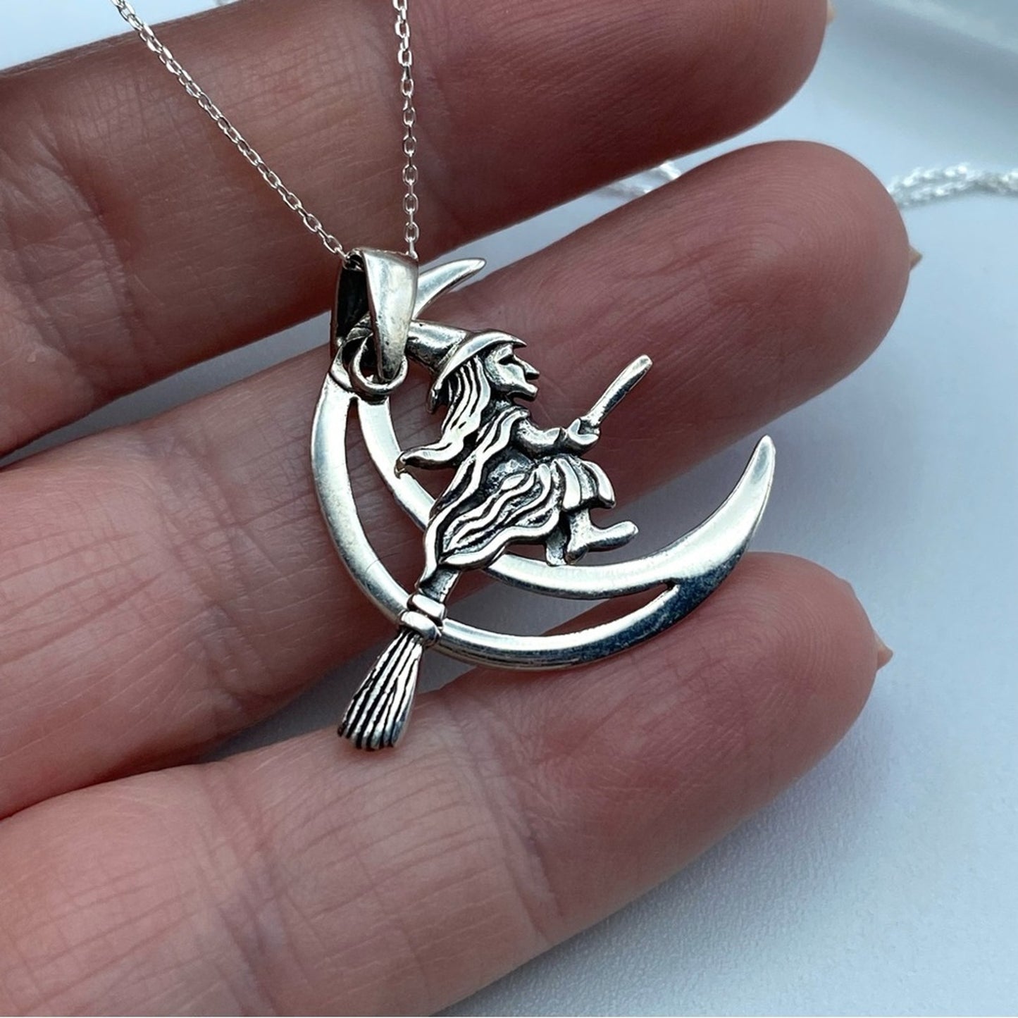 Moving Witch On Broomstick Crescent Moon Sterling Silver Necklace