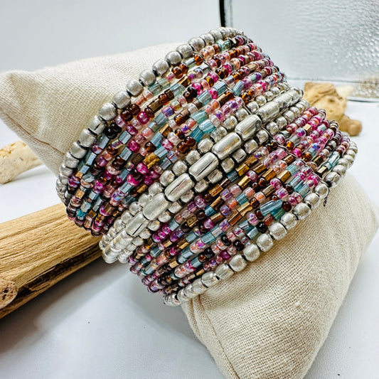 Vintage Multi Colored Beaded Cuff Gypsy Boho Bracelet